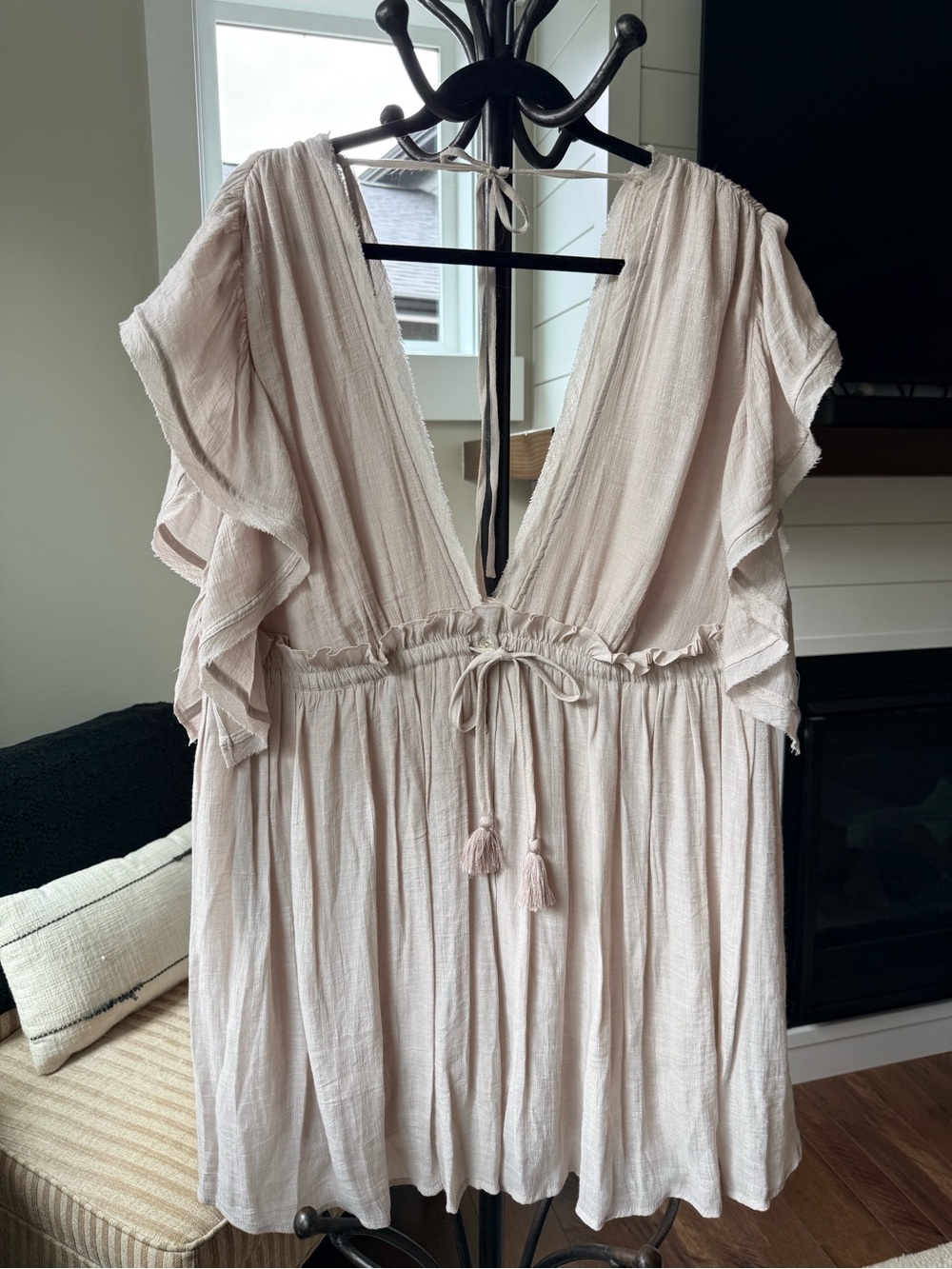 Women's Lightweight Flutter Sleeve V-Neck dress - taupe blush color